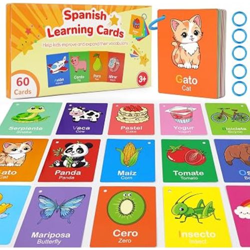 English Spanish Flash Cards for Kids, Baby Flash Cards 12 to 18 Months, Toddler Spanish Learning 60PCS Double Sides Bilingual Flashcards, Numbers, Colors, Shapes, Sight Words for Flashcards