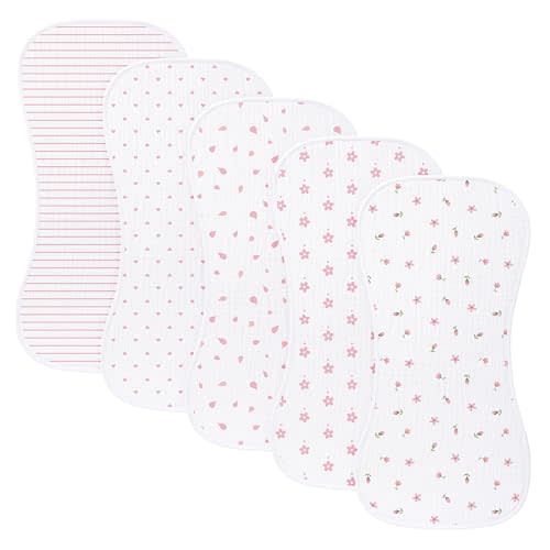 sleepyturtle 5 Pack Baby Burp Cloths, Unisex Newborn Burping Cloths, Soft and Absorbent Muslin Cotton, Large Size for Newborn, (Pink-fh)