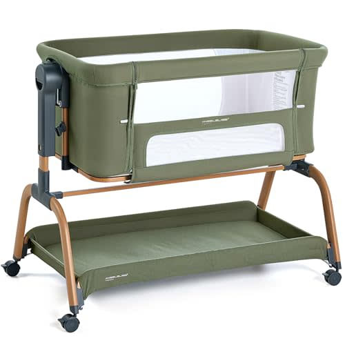 ANGELBLISS 3 in 1 Baby Bassinet, Rocking Bassinets Bedside Sleeper with Comfy Mattress and Wheels, 6 Height Adjustable Easy Folding Portable Bedside Crib for Newborn Infant (Green)