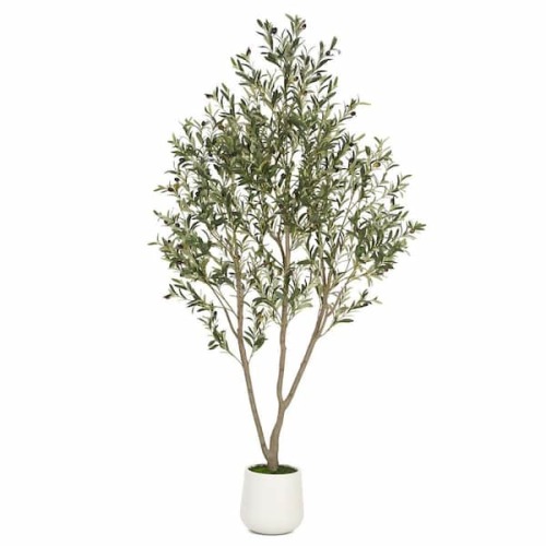 7 ft. Artificial Olive Tree in White Pot Tall Faux Olive Tree Artificial Plants with Natural Wood Trunk for Home Decor