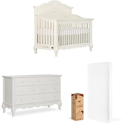 Evolur Aurora 3-Piece Nursery Bundle, Includes 5-in-1 Convertible Crib, 7-Drawer Dresser & 5” Foam Full Size Crib Mattress