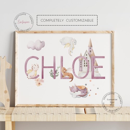 Personalized Pink Dragon Nursery Print: Watercolor Girl Name Sign Printable Wall Art