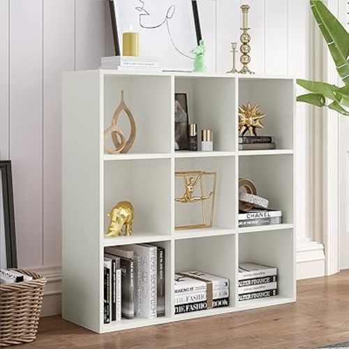 9-Cube Storage Shelf Bookcase - Wooden 3-Tier Floor Standing Open Bookshelf for Home and Office, Display Cabinet, Warm White
