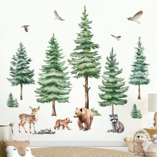 decalmile Large Pine Tree Wall Decals Woodland Animal Bear Wall Stickers Baby Nursery Kids Room Bedroom Wall Decor