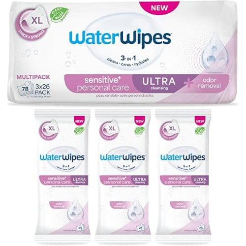 WaterWipes Sensitive Personal Care Ultra, Incontinence Wipes, Odor Removal, Heavy Duty XL Textured Wipes, Fragrance Free, 78 Count (3 Packs)