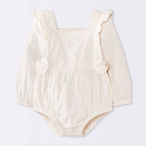 Baby Girls' Textured Long Sleeve Bow Romper - Cloud Island™ White 6-9M