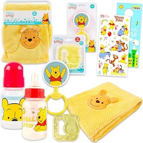 Disney Winnie The Pooh Baby Gift Set - 6 Pc Newborn Essentials Bundle with Blanket, Rattle, Bottle, Teether, Scrapbook Stickers, More | Baby Shower Gifts for Girls, Boys