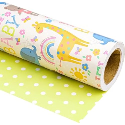 WRAPAHOLIC 30 Inch Reversible Baby Shower Wrapping Paper - 30 Inch x 33 Feet - Animals & New Baby Design for Neutral Baby Shower, Boys Girls Kids Birthday