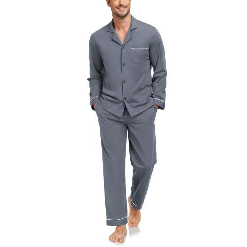 ANLIQI Men's 100% Cotton Pajamas Set Button Down Pajamas for Men Long Sleeve 2 Piece Sleepwear Lounge Sets with Pockets(Dark Gray M)