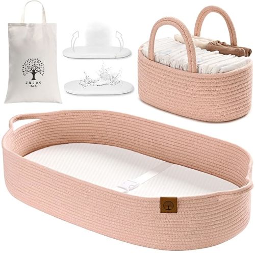 J&JOO Baby Changing Basket includes Diaper Caddy - Soft & Waterproof Dual-Cover, Portable, Changing Pad for Dresser & Changing Table, Gift for Baby Shower, Organic Cotton Rope