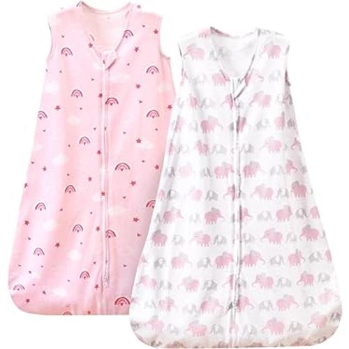 PHF 100% Organic Cotton Baby Sleep Sack, 6-12 Months Baby Wearable Blanket, 2-Way Zipper Infant Sleeping Sack for Girls, 2 Pack Comfy Medium Size Sleeveless Sleeping Bags, Rainbow & Pink Elephant