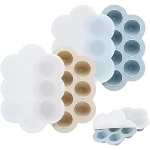 PandaEar 2 Pack Baby Food Freezer Tray with Lids, Silicone Ice Cube Trays for Freezer, Baby Fruit Food Feeder Tray, Baby Food Storage Container for Homemade Baby Food (Blue/Tan)