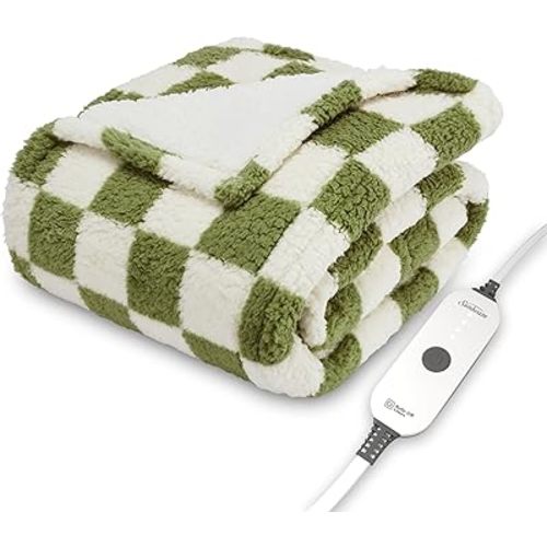 Sunbeam Printed Royal Sherpa Foot Pocket Heated Throw Electric Blanket, 50" x 60", 4 Heat Settings, 4-Hour Auto Shut-Off, Warming Cozy Throw for Couch or Bed, Machine Washable, Sage Checkerboard
