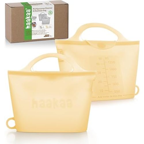Haakaa On-The-Go Silicone Microwave Steam Sterilizer Bags for Travel, 40oz/1250ml Reusable Silicone Steaming Bags for Baby Bottles, Breast Pump, Accessories, Pacifiers, Teethers, Pineapple/2PCS