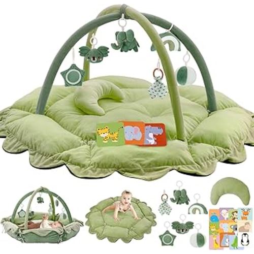 5-in-1 Plush Baby Play Gym, Baby Play Mats, Convertible Baby Gym with Pillow, Tummy time mat, 6 Sensory Toys, Baby Activity Center from Newborn to Toddler, Pet Bed, Cat & Dog Bed, Ball Pit, Green