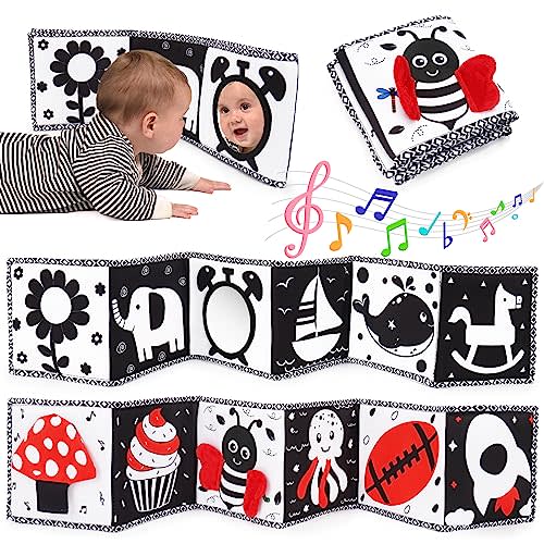 Black and White High Contrast Toys for Baby 0-3 3-6 months Infant Tummy Time Soft Book Sensory Musical Toy 0-2-4-6 month Babies Brain Development Crinkle Book Mirror Newborn Shower Gifts Boys Girls