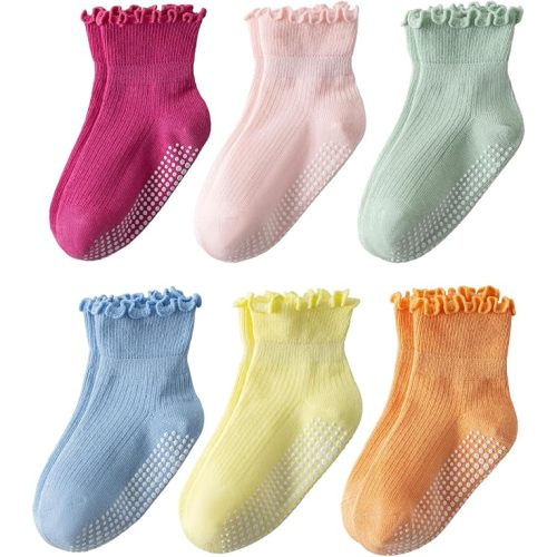 DarkCom Toddler Baby Socks Ruffle Girls Grip Non Slip 6 Pairs Socks for Kids Cute Athletic Ankle Frilly 6M-5Years