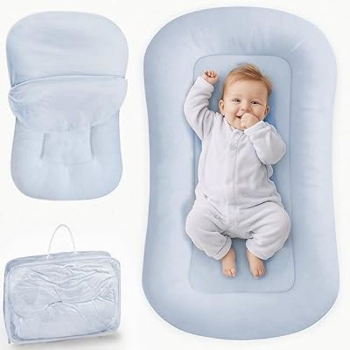 Infant Support Cushion - Baby Lounger for Newborn, 0-24 Months, Breathable Cotton Fabric Infant Support Cushion, Portable Newborn Essentials for Home and Travel, ZumaBlue (Cover Included)