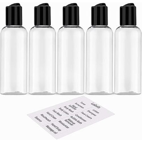 5 Pack 3.4 oz Travel Bottles for Toiletries TSA Approved Leakproof Plastic Empty Travel Size Bottles Containers with Labels