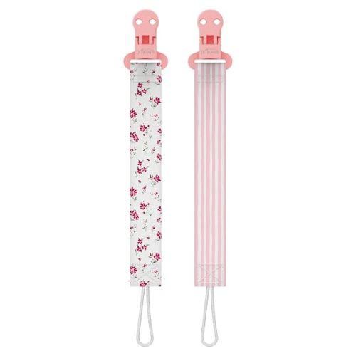 Dr. Brown's Pacifier Clips, Universal Fit Fabric Strap for Pacifiers, Flowers and Stripes, BPA-Free, 0-18 Months, 2-Pack