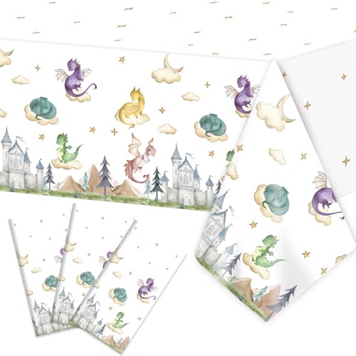 ZOIIWA 3 Pieces Dragon Tablecloths Dragon Knight Theme Tablecover Watercolor Magic Dragon Birthday Plastic Disposable Rectangle Table Covers for Baby Shower Party Decorations Supplies