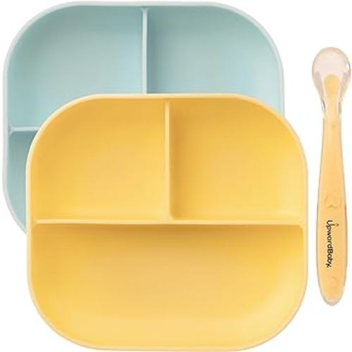 UpwardBaby Baby Plates and Spoon Set - Silicone Divider Suction Plates for Babies, Toddlers & Kids - Less Mess, Easy Portion Feeding Set - Non-Slip, Non-Toxic, BPA Free - Blue/Yellow