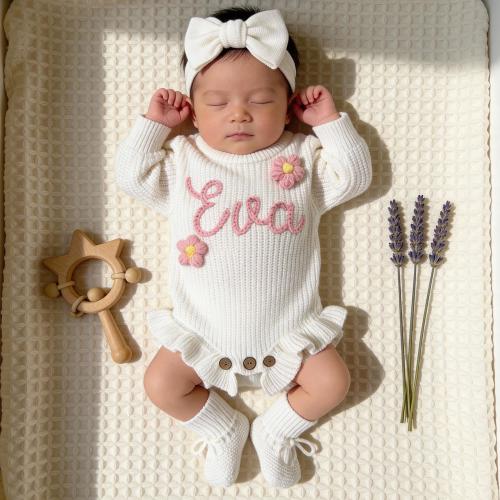 Hand Embroidered Name Baby Romper Set, Personalized Outfit, Baby Girl Romper, Coming Home, Organic Cotton Knit, Gender Neutral
