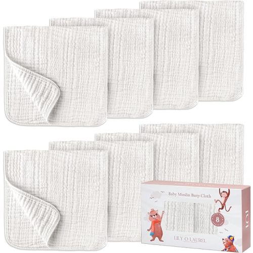 Muslin Burp Cloths, 20"x10"- Pack of 8, 6 Layers Super Soft Absorbent & Breathable 100% Cotton for Baby Drool and Messes, Burp Cloth Baby Boy and Burp Cloths Baby Girl
