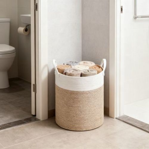 Cotton Rope Laundry Basket, 15.8 Gal Natural Fiber Hamper with Handles, for Kids' Toys Clothing Bedroom Living Room, White & Grayish Brown