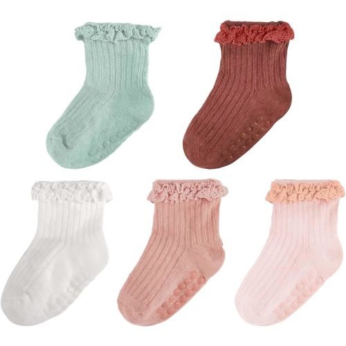 MKYSZLT Baby Girl Ruffle Socks Non Slip Grip Socks Toddler Girls Cute Cotton Frilly Ankle Grippy Sock Dress Sock for Newborn Infant Little Kids Bebe (0-6 Months,White,Pink,Peach Red,Burgundy,Green)