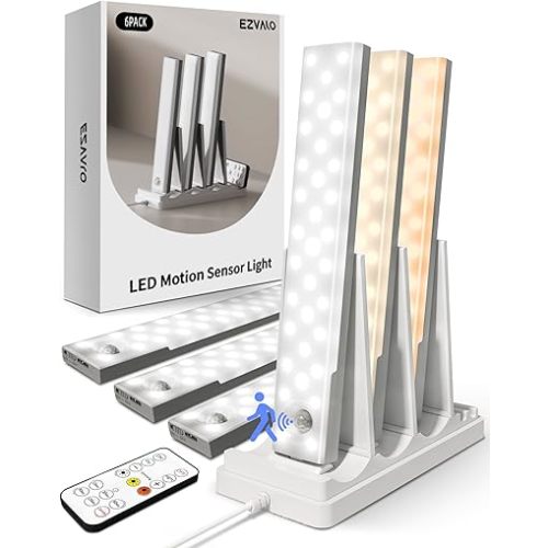EZVALO 6-Pack Under Cabinet Lighting with Charging Station, 2000mAh Rechargeable Wireless Motion Sensor Lights, 3 Color Temps, Dimmable, Timer, Magnetic, with Remote Control for Kitchen, Closet, Stair