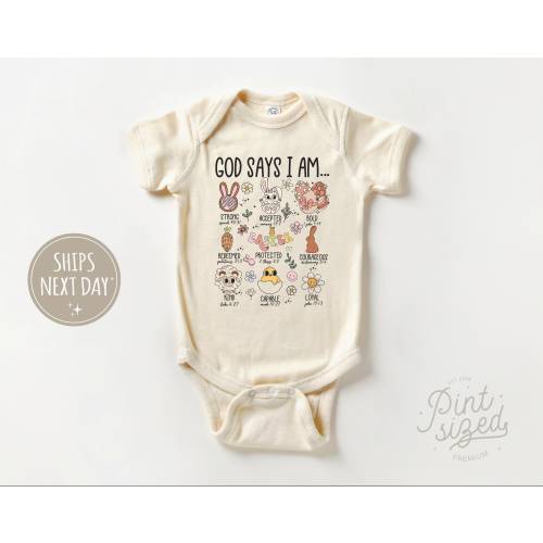Retro Easter Baby Onesie® - Cute Religious Bodysuit - God Says I Am Strong Onesie® - Easter Baby Gift