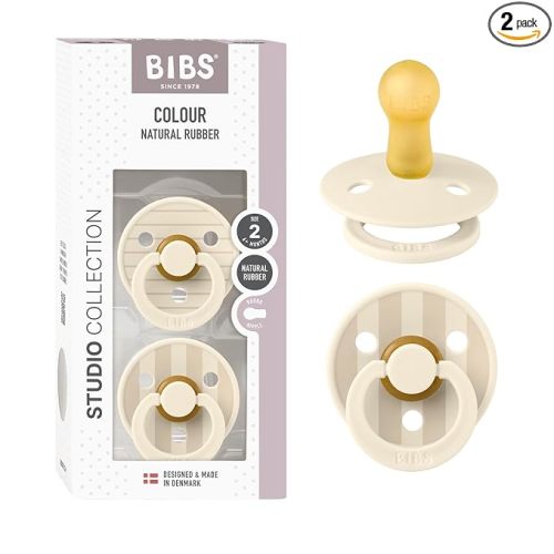 BIBS Pacifiers - Studio 2 Pack | Round Nipple Baby Pacifier | BPA Free Natural Rubber Latex Soother | Made in Denmark | Size 6+ Months | Pin Ivory Vanilla