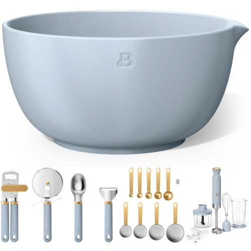 Beautiful by Drew Barrymore Complete Baking Prep Bundle, Cornflower Blue – 6-Speed Hand Mixer, Dual Stoneware Mixing Bowls & 9-Piece Measuring Set
