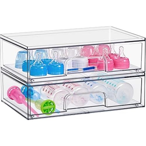 Sorbus Wide Stackable Acrylic Storage Drawers, 2 Pack Clear Plastic Organizer Bins for Baby Bottles, Makeup, Bathroom, Vanity & Countertop Organization, Pull-Out Drawer Design for Cabinets & Pantry