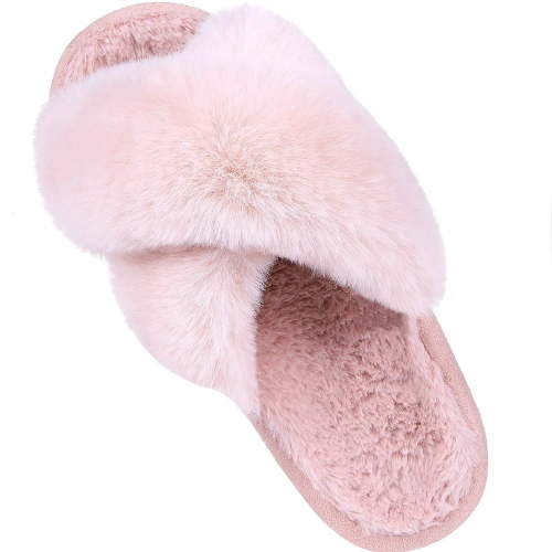 Litfun Women's Cushion Washable Fuzzy Slippers, Plush Cross Band, Open Toe, Thick Sole, Pink, Size 8.5-9.5