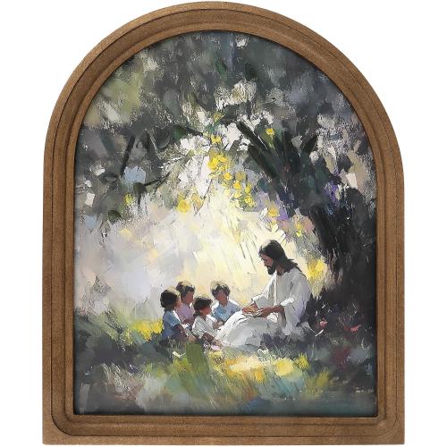 Matthew 19:14 Jesus & the Children Peaceful Arched Wall Art, by Renewing Faith, 20 x 16 inches