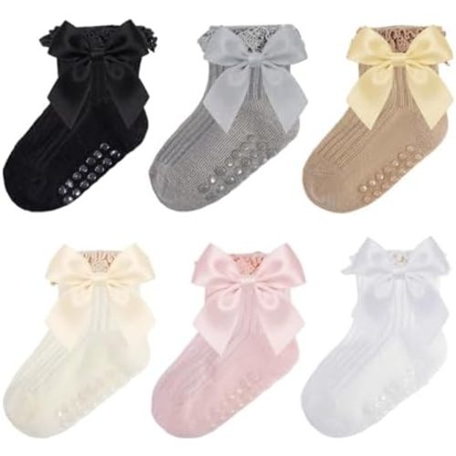 Baby Socks Baby Girl Non Slip Grip Ruffle Socks with Bows Soft Cotton Toddler Girl Sock with Grips Newborn Infant