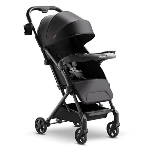 Mompush Lithe V2 Lightweight Travel Stroller Snack Tray Included, Black | Compact baby stroller, airplane-ready, one-hand fold, mechanical recline seat, UPF 50+ canopy, travel bag & rain cover