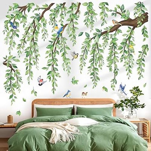 wondever Large Green Tree Branch Wall Stickers Hanging Vine Leaf Peel and Stick Wall Art Decals for Living Room Bedroom Sofa Background