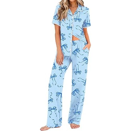 Ekouaer Womens Pajamas Set Button Down Loungewear Short Sleeve Pants Pjs