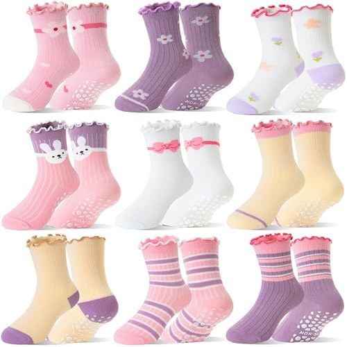 Baby Girls Toddlers Ruffle Grip Socks for Kids Non Slip Anti Skid Frilly Cute Funny Cotton Crew Socks 9 Pairs