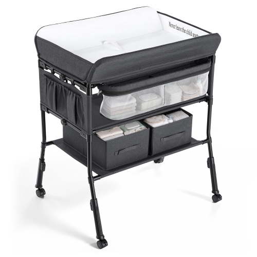 AILEEKISS Baby Diaper Changing Table, Waterproof Folding Changing Station with 2 Drawers, Black Grey