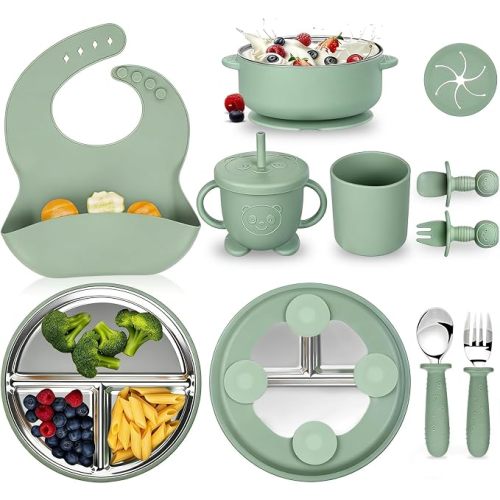 Baby Feeding Set,11PCS Baby Led Weaning Supplies,Stainless Steel Divided Plate & Suction Bowl with Removable Silicone Suction Base,Silicone Bib,Sippy Cup with Lid,Forks Spoons Snack Container