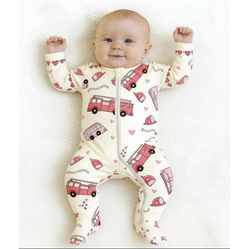 Valentine Pink Fire Trucks, Bamboo Zipper Footie