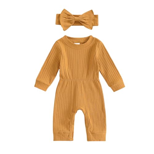 Winioder Newborn Baby Girl Fall Clothes Ribbed Long Sleeve Romper Jumpsuit with Headband Infant 2Pcs Coming Home Outfit