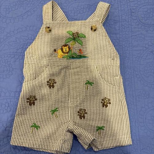 white and brown striped overalls with embroidered...