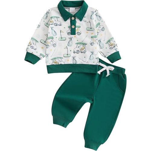 Gaono Baby Boy Golf Outfits Lapel Long Sleeve Golf Print Pullover Sweatshirts and Long Pants Toddler Fall Winter Clothes