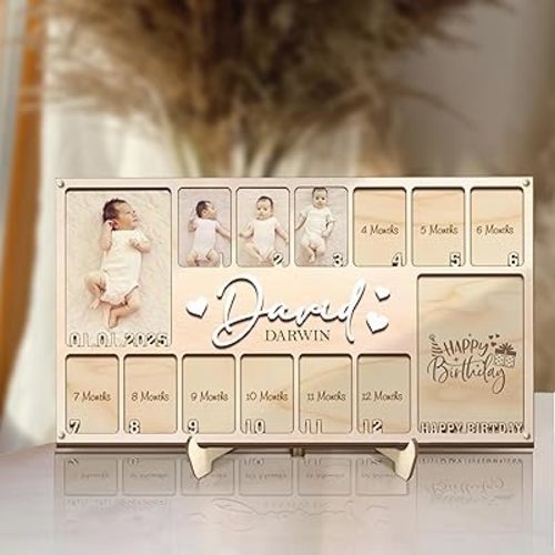 V-DECORPARKS Personalized My First Year Photo Frame | 12 Months Picture Frame For Baby First Year | Displays Two 4x6 Photo and Twelve 2x3 Pictures | Birthday Party Decor Newborn Memory Keepsake