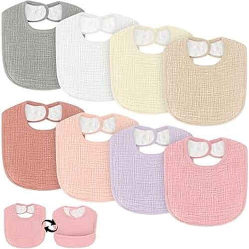 Drool Bibs for Baby Girls & Boys, 8 Pack Baby Muslin Bibs for Drooling and Teething with Hidden Pocket, Soft Cotton, Extra Absorbent, Mess-proof, for Toddler, Newborn, Infant